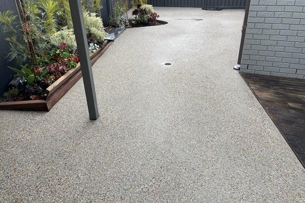 Exposed aggregate patio for outdoor entertaining